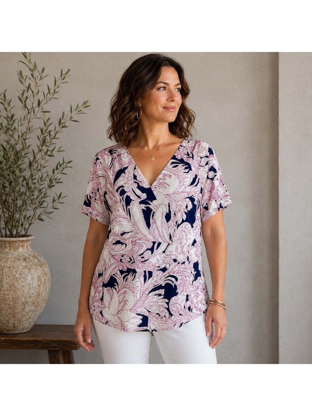 Talbots Navy White Pink Floral Faux Wrap Silk Blend Top 14W